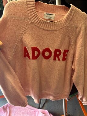 Old Navy Pink Crewneck Sweater with Red "ADORE" Lettering